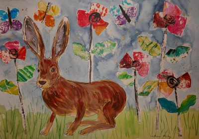 Cute Hare among Poppies and Butterflies  collage