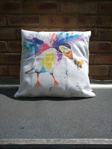 Colourful Puffin and Bee cushion cover