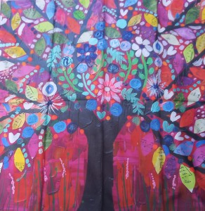 Mulberry silk scarf, Jewelled Tree in a Red Sky 90cm X 90 cm