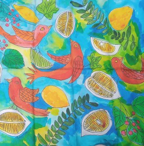 Mulberry silk scarf, Orange Birds and Lemons 90 cm X 90 cm