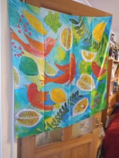 Mulberry silk scarf, Orange Birds and Lemons 90 cm X 90 cm