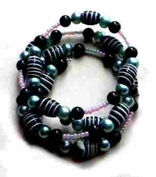 black white striped memory wire bracelet, chunky bead bracelet