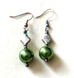 green glass pearl earrings, sterling silver ear hooks