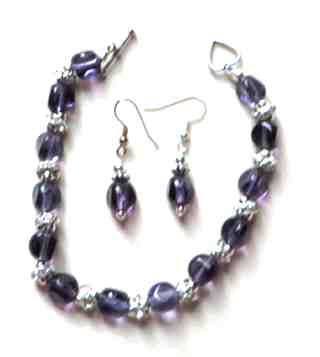 handmade purple glass bracelet earring set, matching jewellery