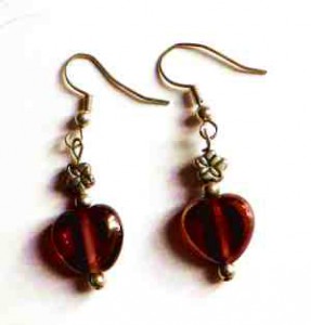 glass red heart earrings, deep red glass earrings