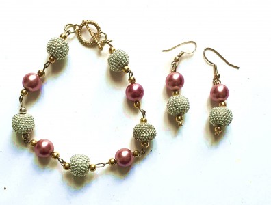 pink glass pearl and stardust bracelet earring set, handmade stardust bracelet set