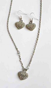 sparkly silver heart necklace earrings set, diamante heart set
