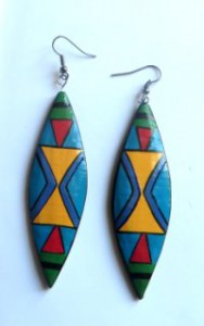 geometric design earrings, long wood earrings