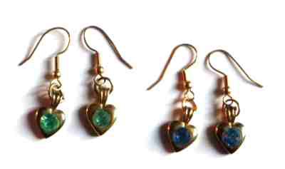 metal heart earrings, hearts with glass centre