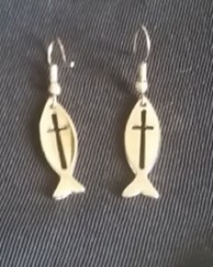 fish cross metal earrings, cross cut into fish earrings, metal fish earrings