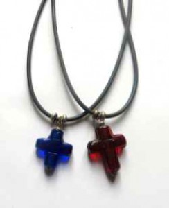 chunky glass cross pendant necklaces, red and blue corss necklaces