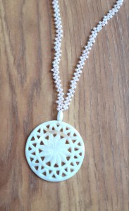 white shell disc pendant, handmade shell and beaded necklace