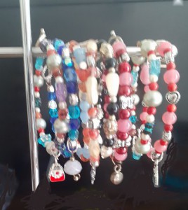Glass oearl stacking bracelets, handmade memory wire  bracelets, glass bracelets with charms, Carols Crafts glass bracelets