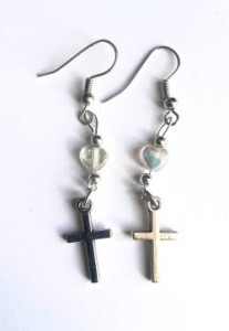 small cross and heart earrings, metal cross heart earrings