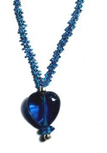 small blue heart pendant, glass heart with beaded chain, handmade glass pendant necklace